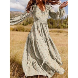 Floral Print Long Sleeves V-neck Casual Dress For Women