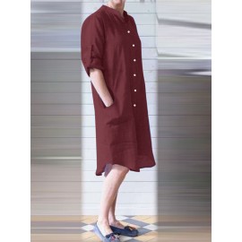 Women Solid Stand Collar Shirt Dress With Sleeve Tabs
