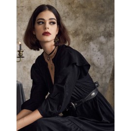 Solid V-neck Tiered 3/4 Sleeve Dress For Women