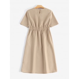 Women Solid Double Pocket Casual Short Sleeve Dress