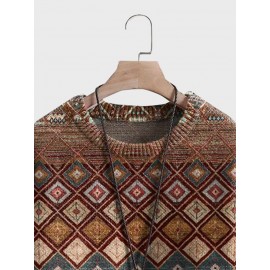 Mens Vintage Ethnic Geometric Pattern Crew Neck Pullover Sweatshirts Winter