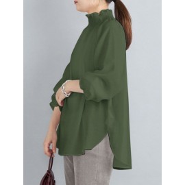 Women Solid Shirred Detail Casual Raglan Sleeve Blouse