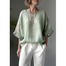 Women Solid Crew Neck Cotton Drop Shoulder Loose Blouse