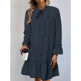 Women Ruffle Trim Tie Neck Plain Long Sleeve Shirt