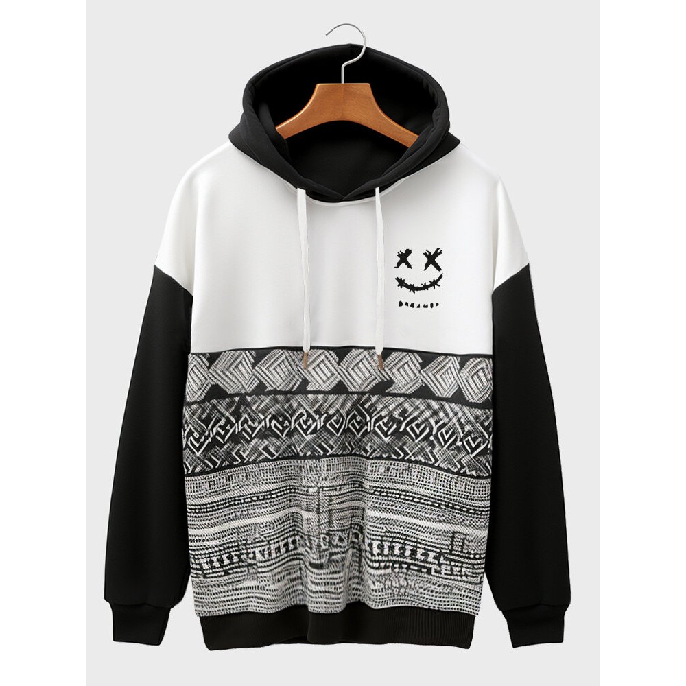 Mens Monochrome Smile Ethnic Geometric Print Patchwork Drawstring Hoodies Winter