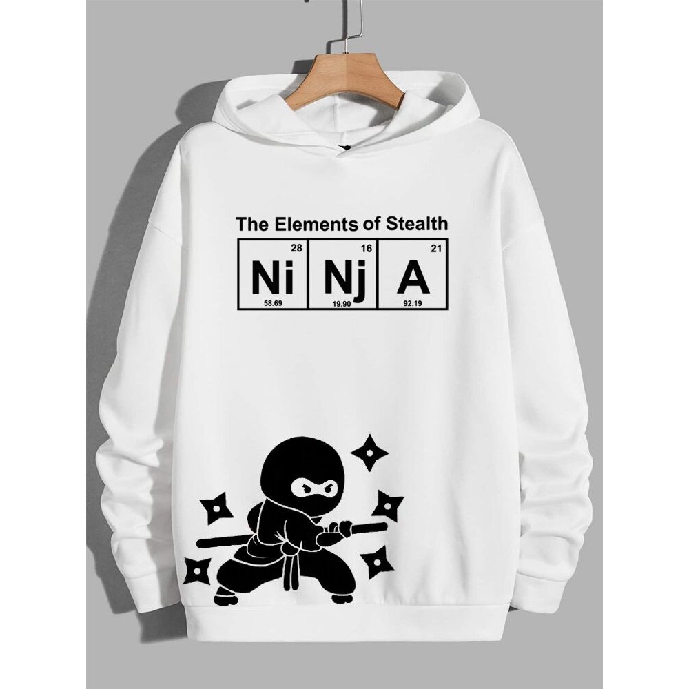 Mens Cartoon Japanese Ninja Letter Print Long Sleeve Hoodies Winter