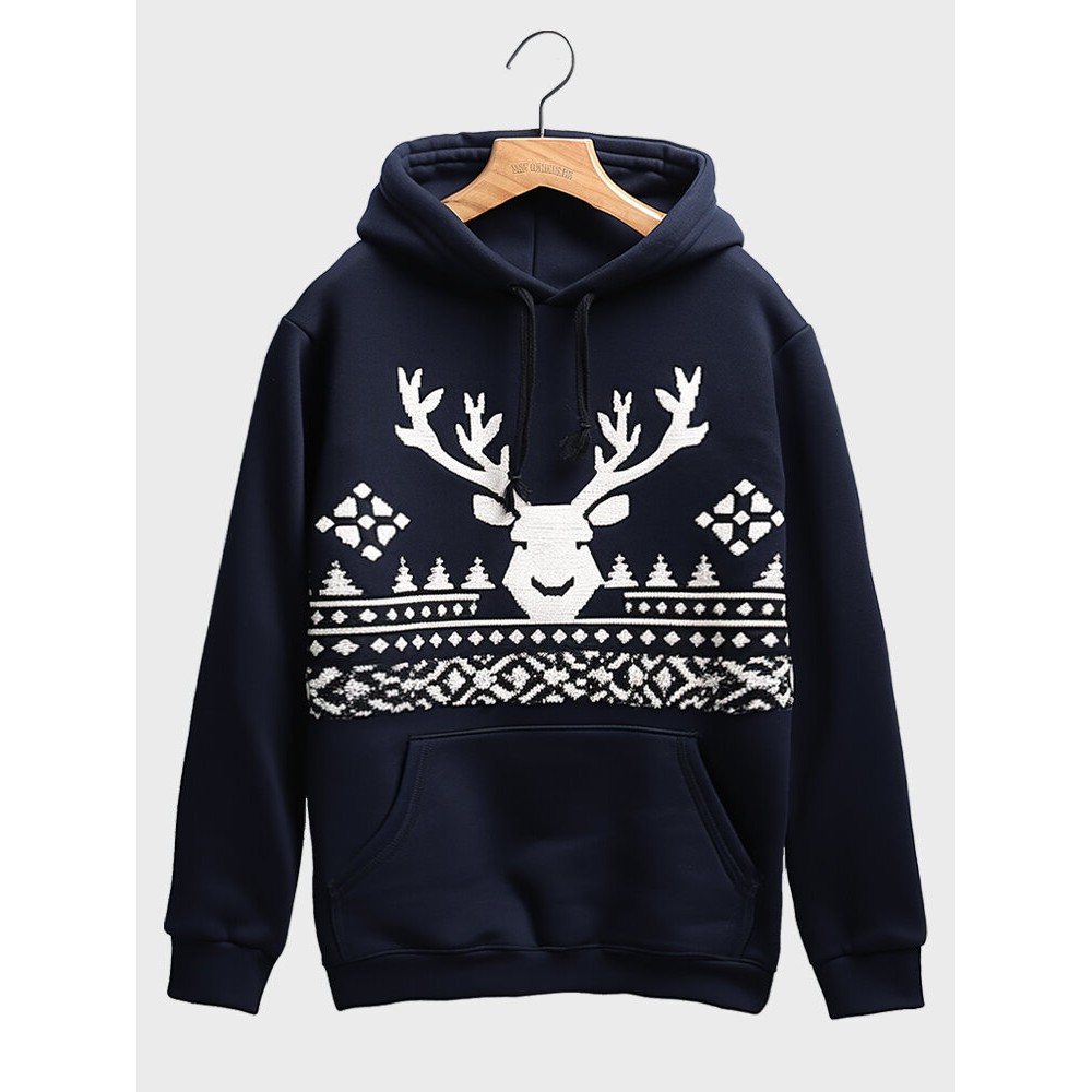 Mens Christmas Elk Snowflake Print Kangaroo Pocket Drawstring Hoodies