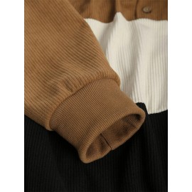 Mens Smile Embroidered Color Block Patchwork Quarter Button Corduroy Hoodies Winter